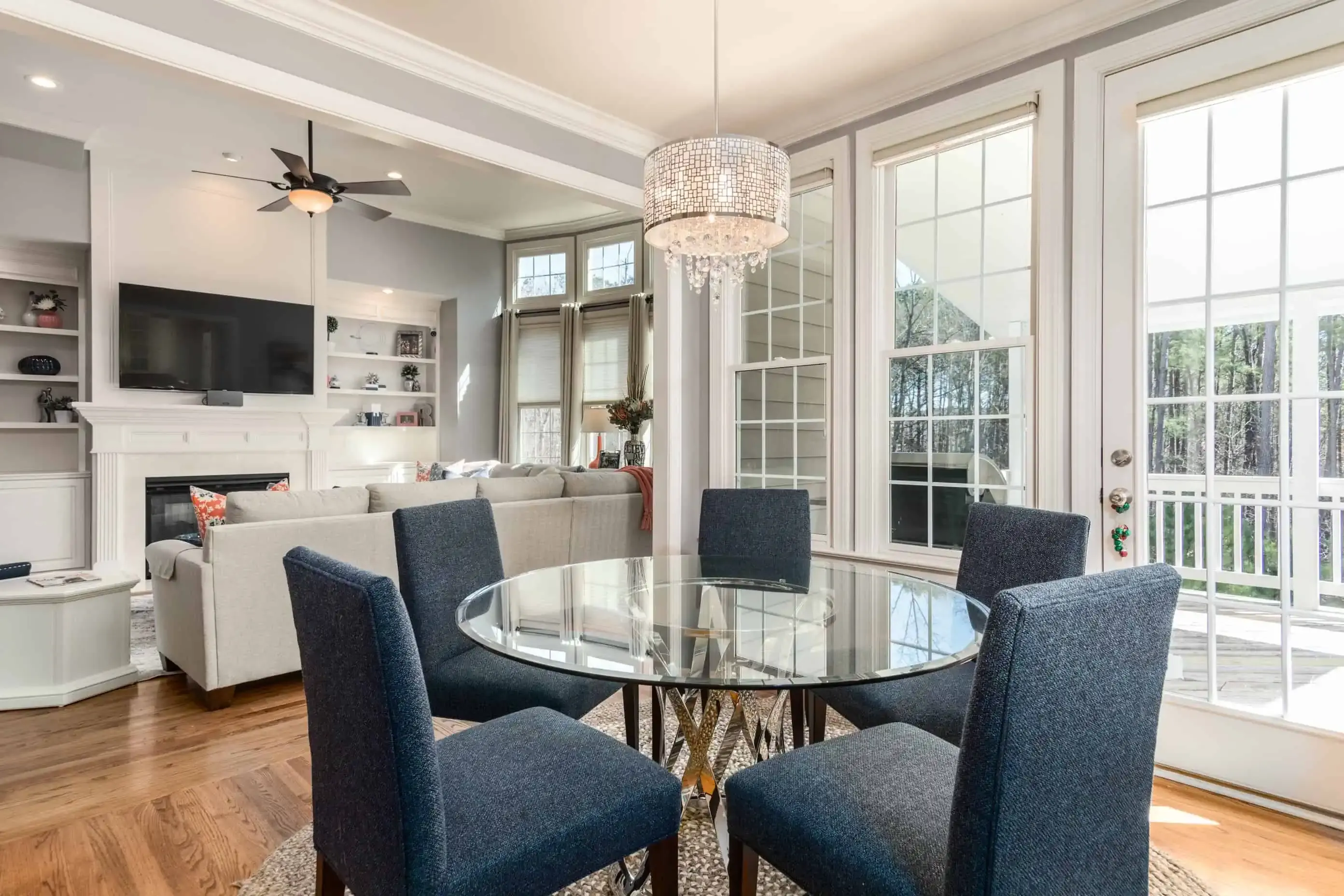 living room set up for staging with blue chairs